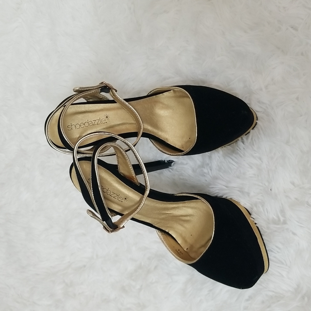 New Shoedazzle Black Suede and  Gold Platform Heels size 8 - Picture 5 of 7